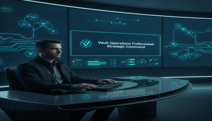 Vault Operations Professional: Strategic Command A focused operations engineer overseeing glowing HashiCorp Vault clusters and security metrics on large screens in a high-tech control room, representing strategic command for the Vault Operations Professional exam.
