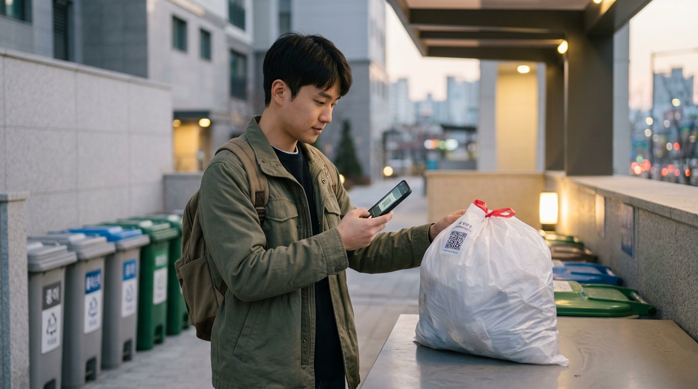 Korean waste disposal sign with CCTV and trash separation instructions