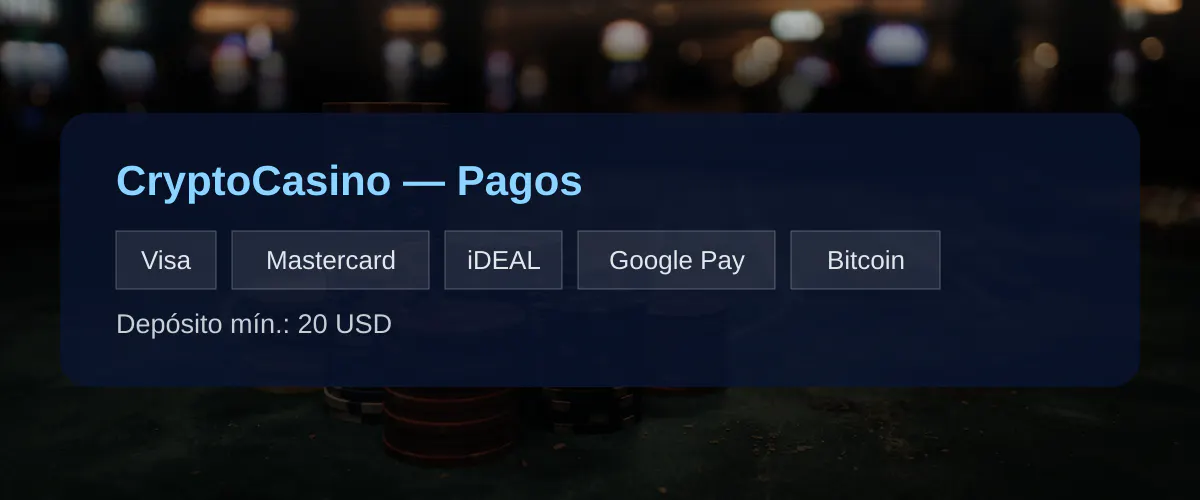CryptoCasino — Pagos: Visa, Mastercard, iDEAL, Google Pay, Bitcoin