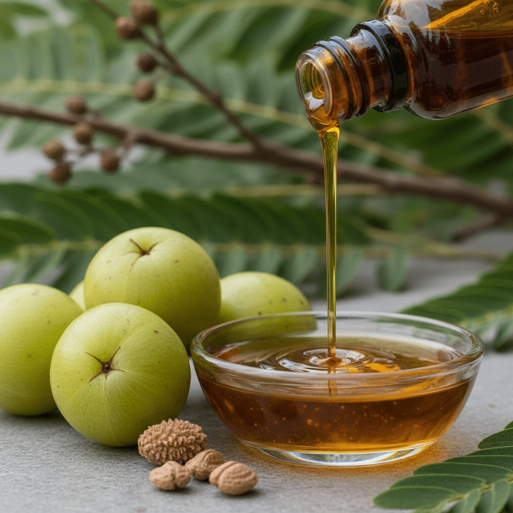 Amla seed oil being poured in a botanical setting