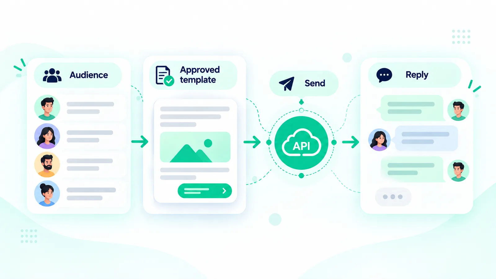 Official WhatsApp Business Platform flow from audience selection to approved message delivery and replies