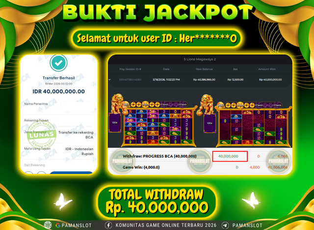 Selamat kepada Member PAMANSLOT Game 5 Lions Megaways 2 Gods of War :  HER*******0