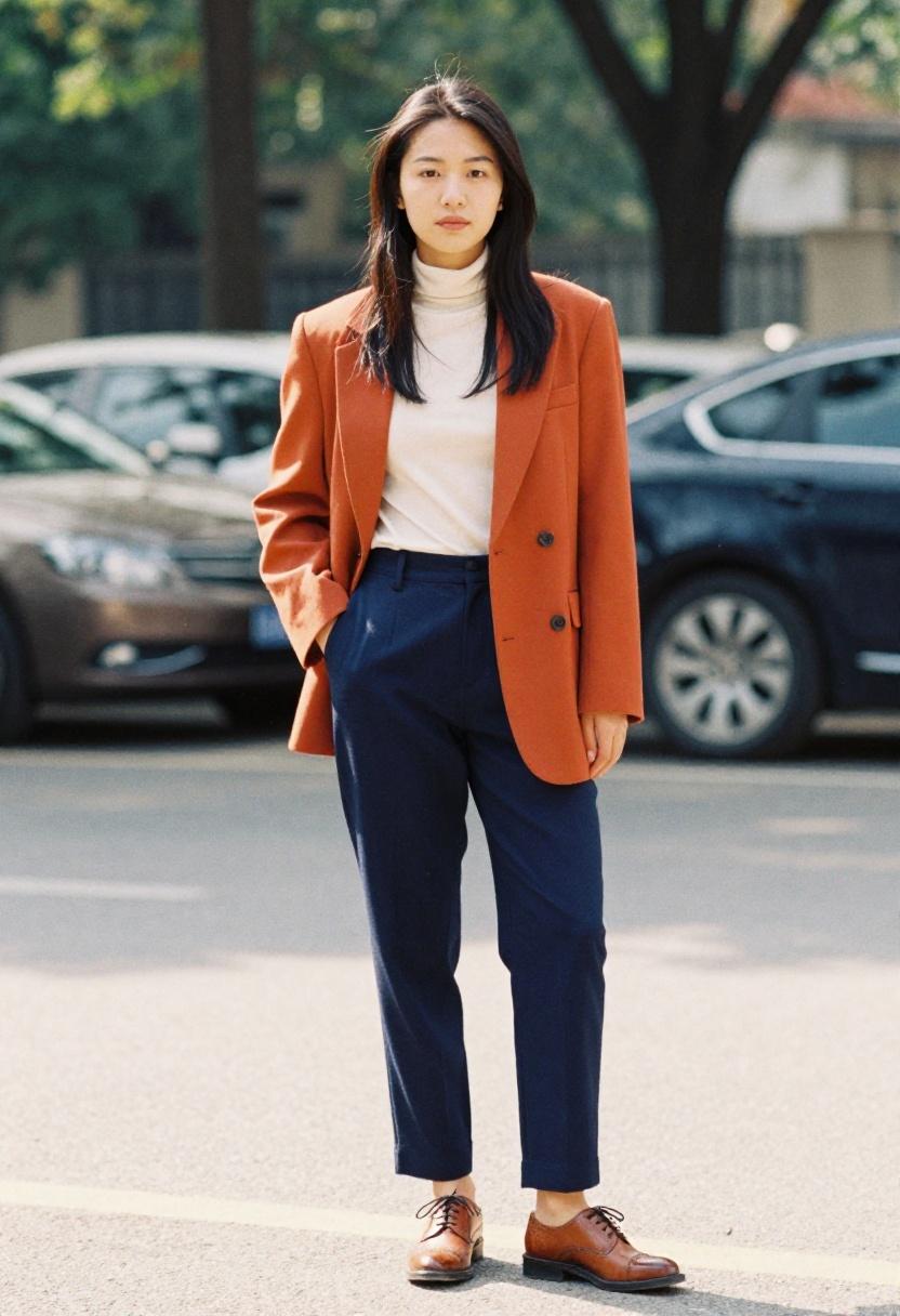 Terracotta blazer over navy trousers with cognac brogue Oxford shoes