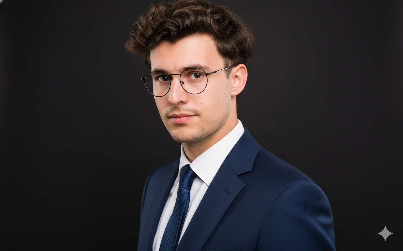 A professional headshot of a young man with dark, curly hair and round glasses, looking confidently at the camera. He is wearing a navy blue business suit, a white dress shirt, and a dark tie, positioned at a slight three-quarter angle against a solid dark gray background. Soft, diffused lighting highlights his features, with a subtle catchlight in his eyes, conveying leadership. The focus is sharp on his eyes, with a shallow depth of field and soft bokeh in the background.