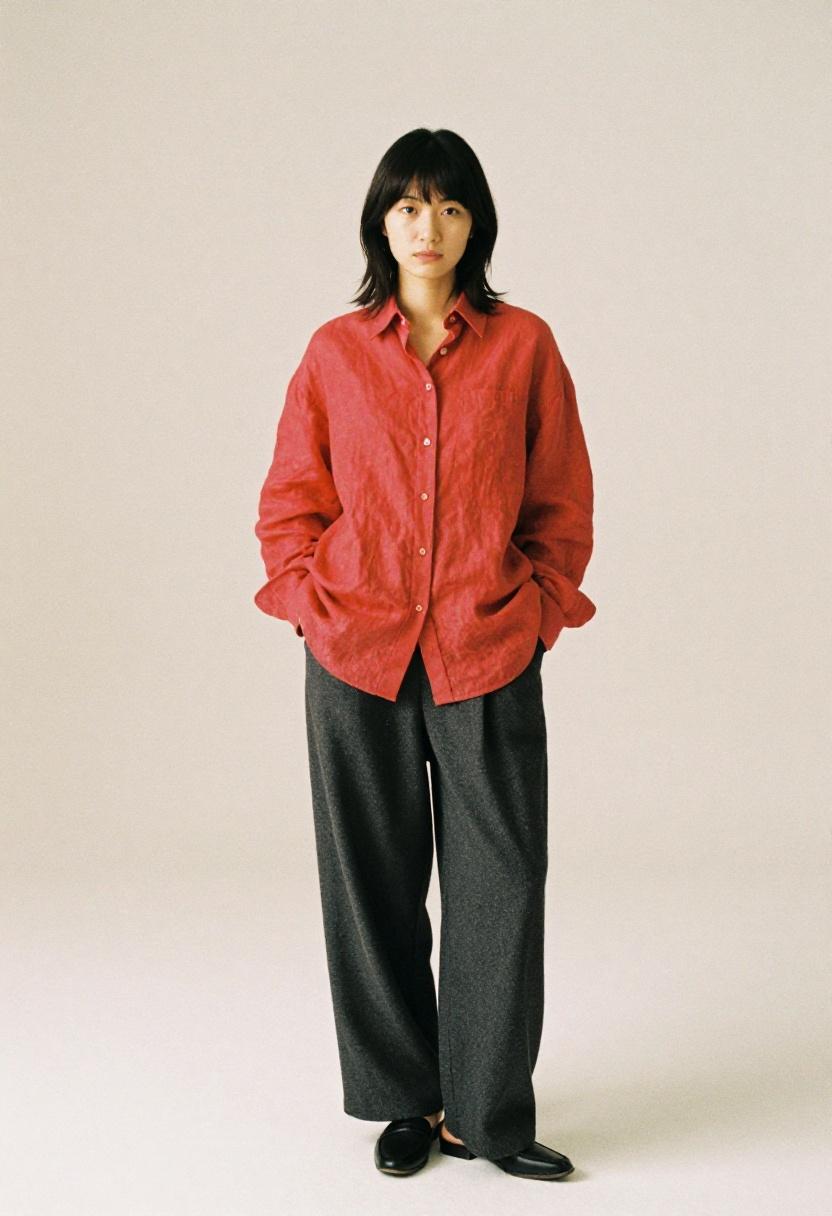 Cherry red oversized linen shirt tucked into wide-leg trousers creative professional
