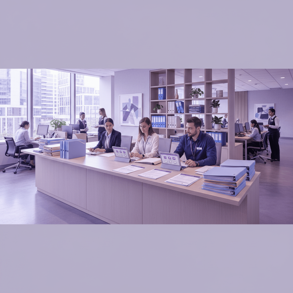 Hotel HR team managing onboarding forms and employee records with self-service tablets