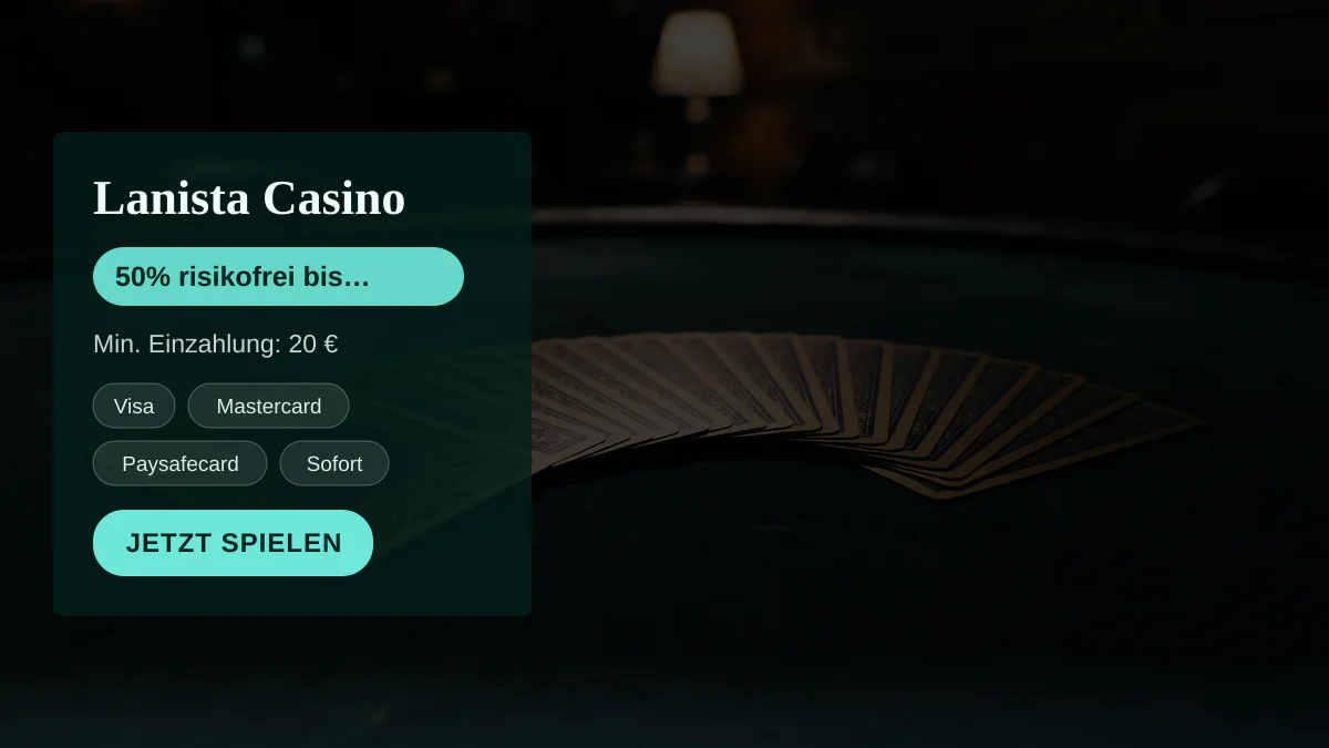 Lanista Casino — Willkommensbonus 50% risikofrei bis 50 € + 250 FS, Zahlungen: Visa, Mastercard, Paysafecard, Sofort, Interac