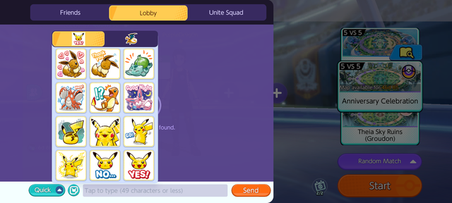 Select the round turquoise button between the "Quick" preset chat button and the "tap to type" dialog box. These are some of the stickers available to most everyone for use in lobby.