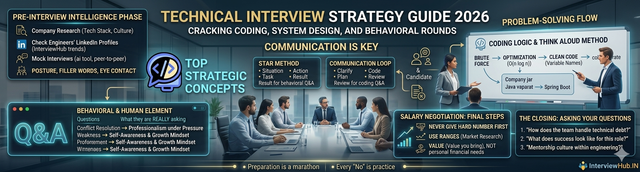 Ultimate Technical Interview Strategy 2026 at InterviewHub: A professional setting illustrating the Think Aloud method, STAR technique, and coding logic communication for engineering career success.