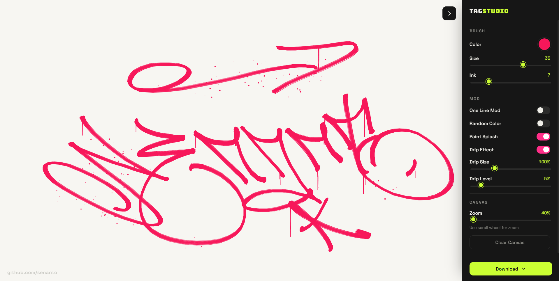 Tag Studio canvas showing a spray-painted tag with drips