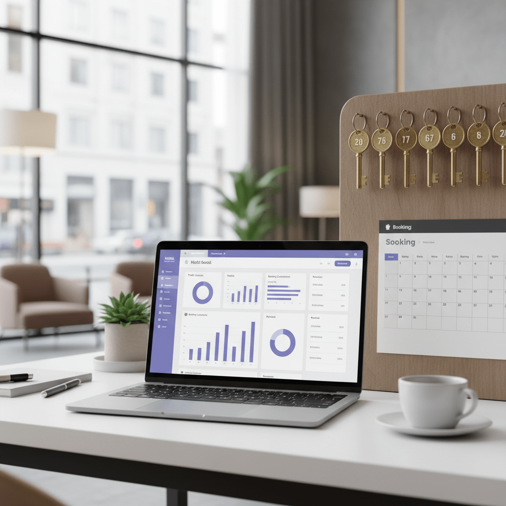 Hotel marketing team reviewing analytics dashboard beside a laptop and booking calendar, with subtle lavender accents