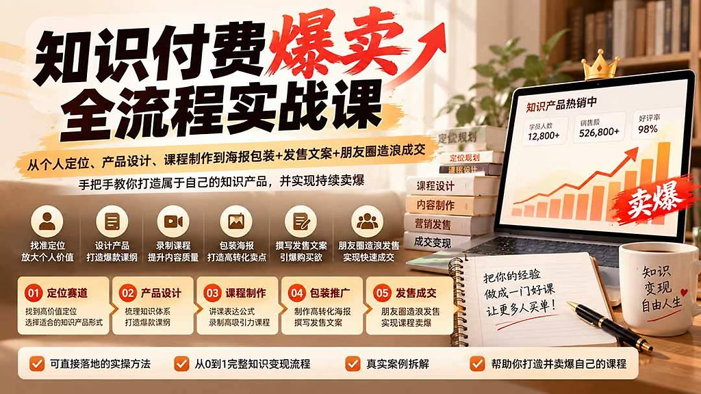 知识付费爆卖全流程实战课：从个人定位、产品设计、课程制作到海报包装+发售文案+朋友圈造浪成交