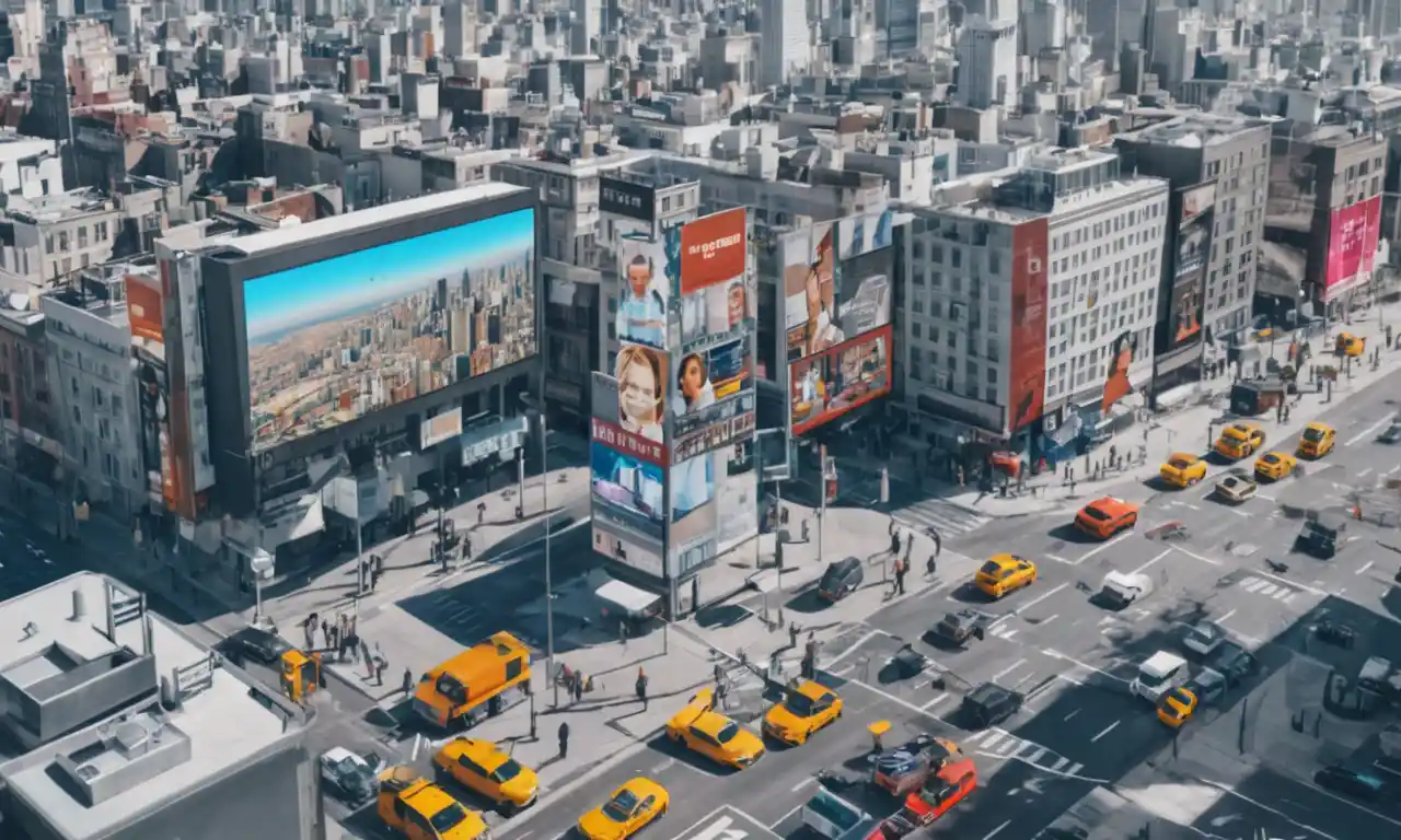 Una persona que se encuentra frente a un paisaje urbano, con su cara digitalmente superada en varios espacios públicos (por ejemplo, carteles, carteles callejeros).