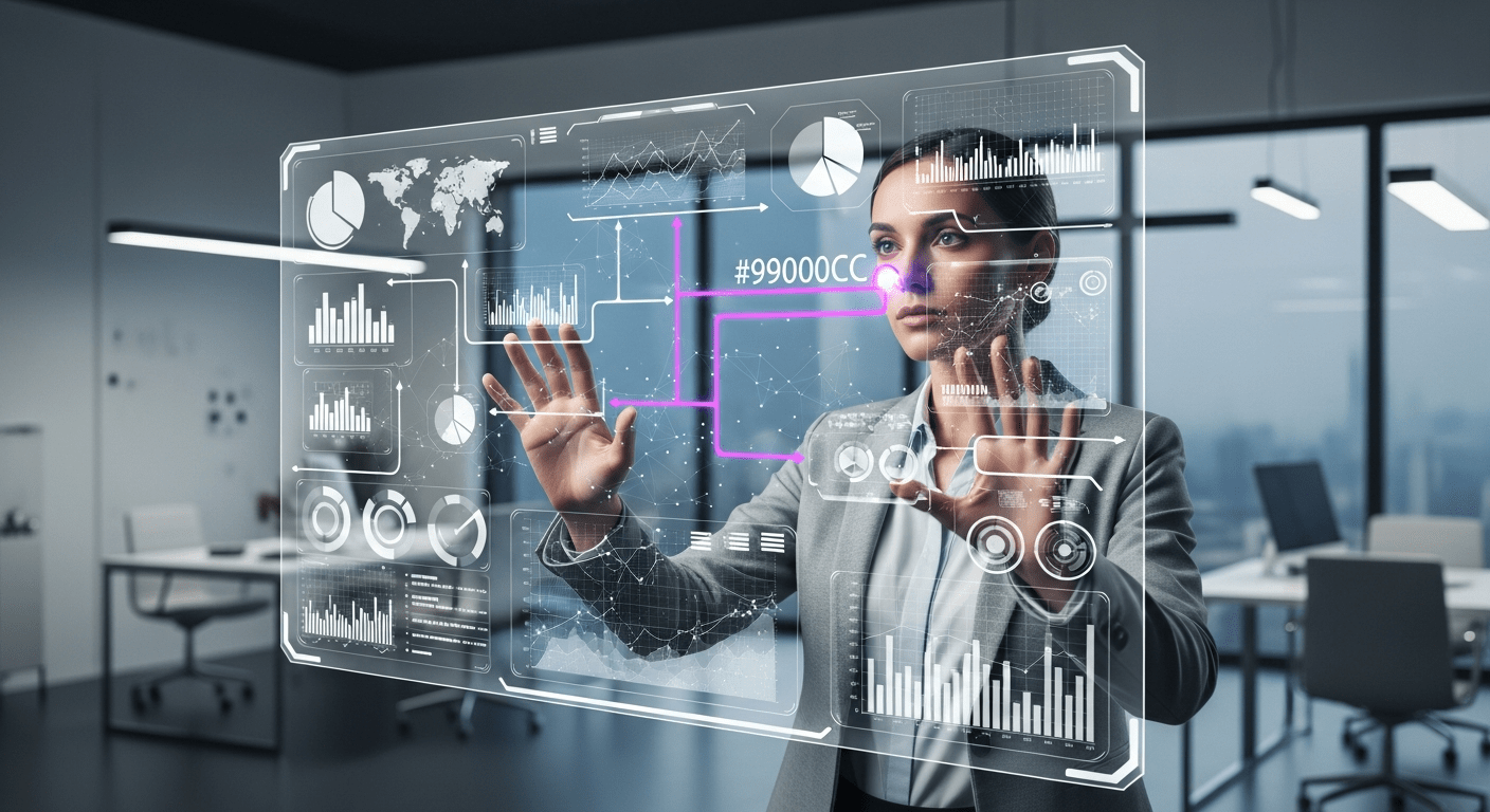 A business professional evaluating data on a holographic screen to choose an AI partner.