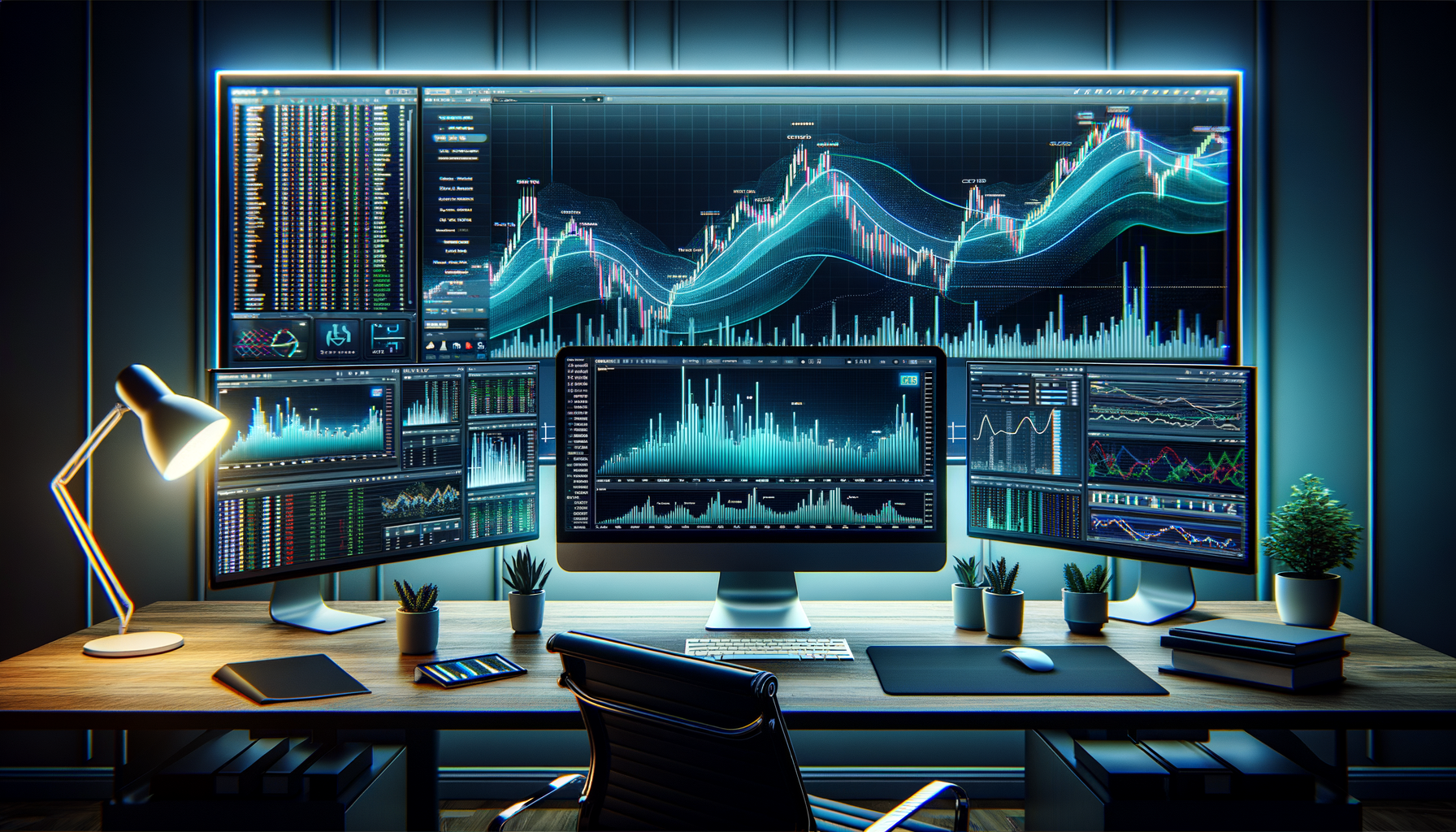 Onyx trading platform - A sleek, modern multi-monitor trading desk showing a dark-themed futures trading platform with a highly detailed Depth of Market (DOM) ladder, green and red order flow numbers, and a glowing Onyx logo in the background.