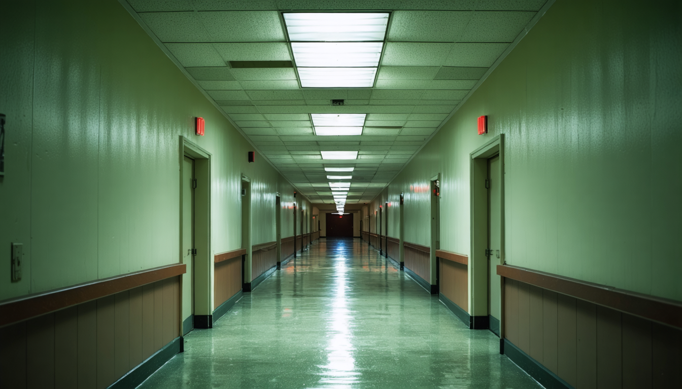 A dimly lit corridor in a government building with peeling paint and fluorescent lights, one light flickering.
