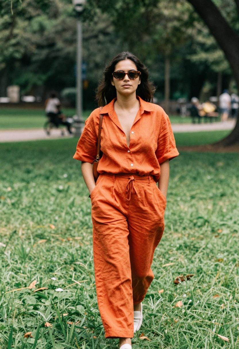 Woman in matching tangerine linen trousers and breezy button-up shirt at brunch