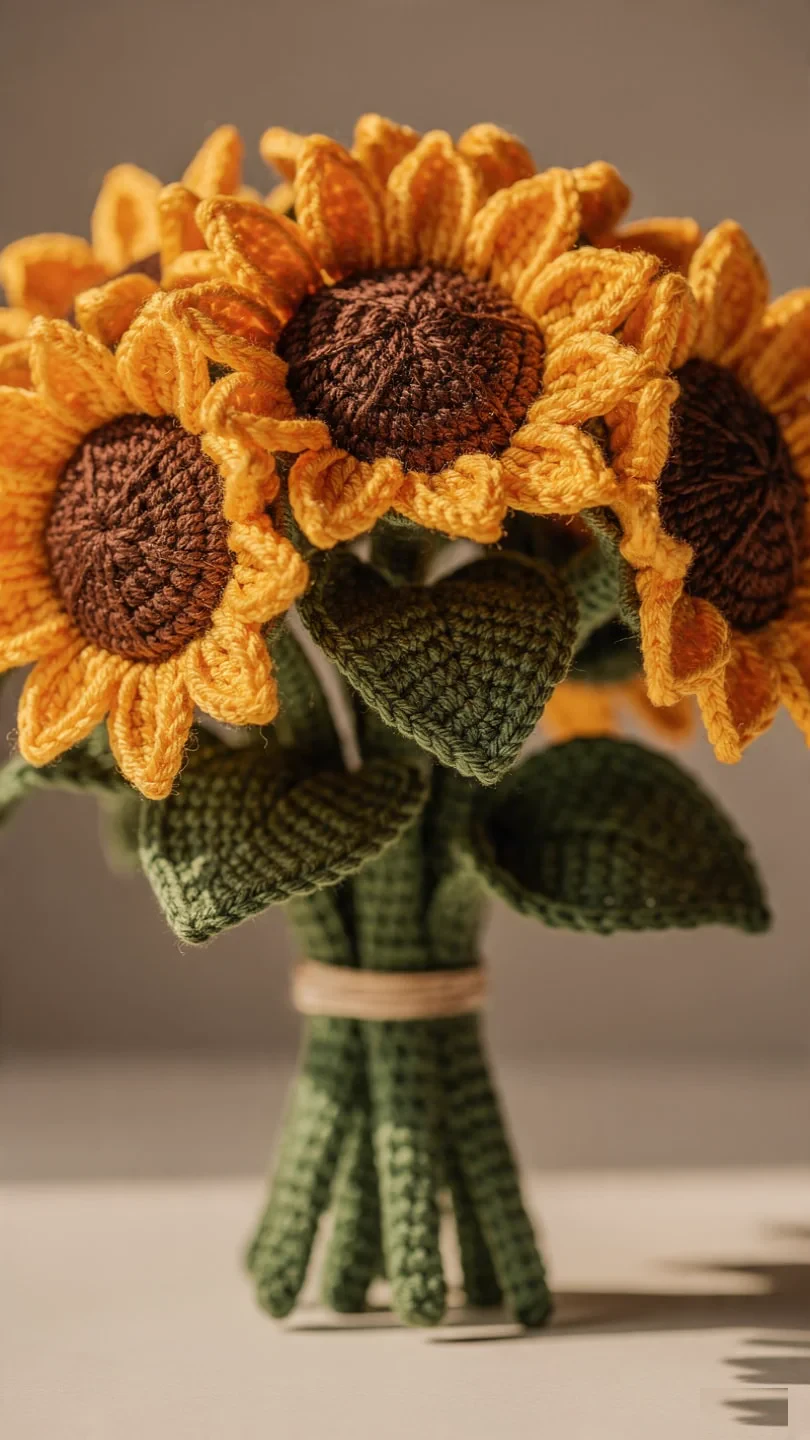 Soft pastel crochet flower arrangement with delicate layered blooms and green leaves