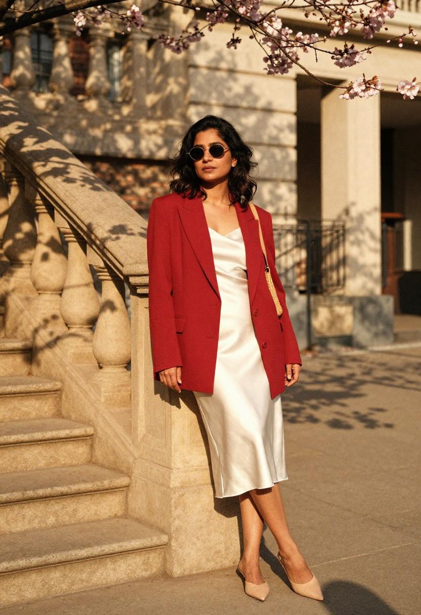 Cherry red blazer layered over a satin slip dress at golden hour among cherry blossoms