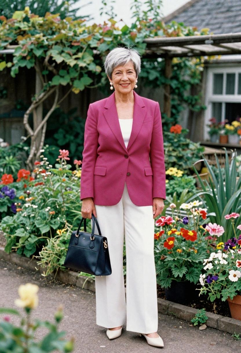 Magenta blazer and white trousers against a blooming cottage garden backdrop