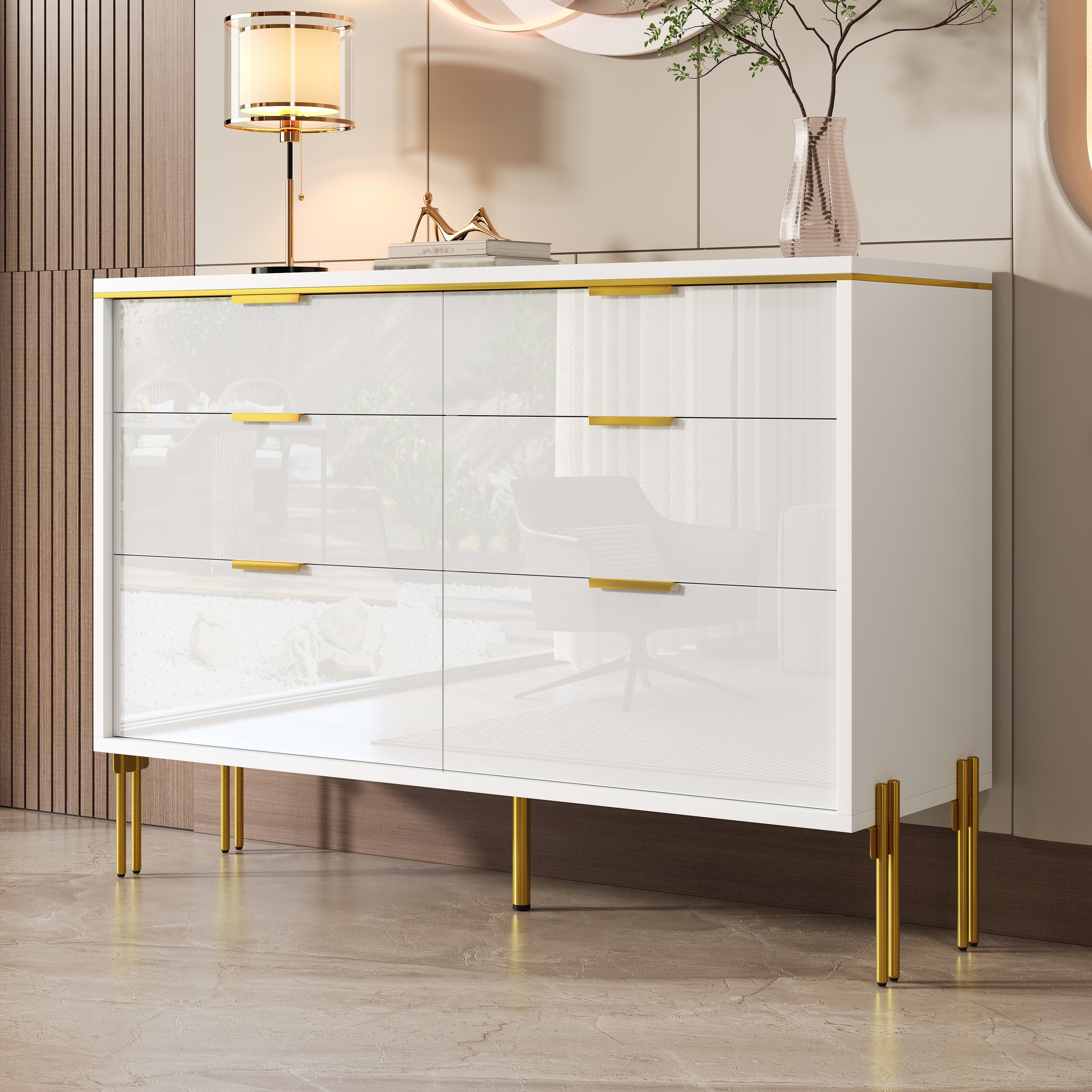 Buffet Blanc, 6 Tiroirs, Rangement, Design Moderne, Structure Robuste - Panneaux de Particules - 120x40x85.5cm 2