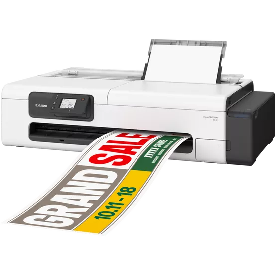 Canon imagePROGRAF TC-21 printer with printed output visible, demonstrating its precision and print quality