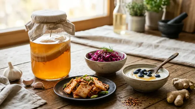Fermented probiotic foods including kombucha sauerkraut and yogurt on rustic wooden table in warm light