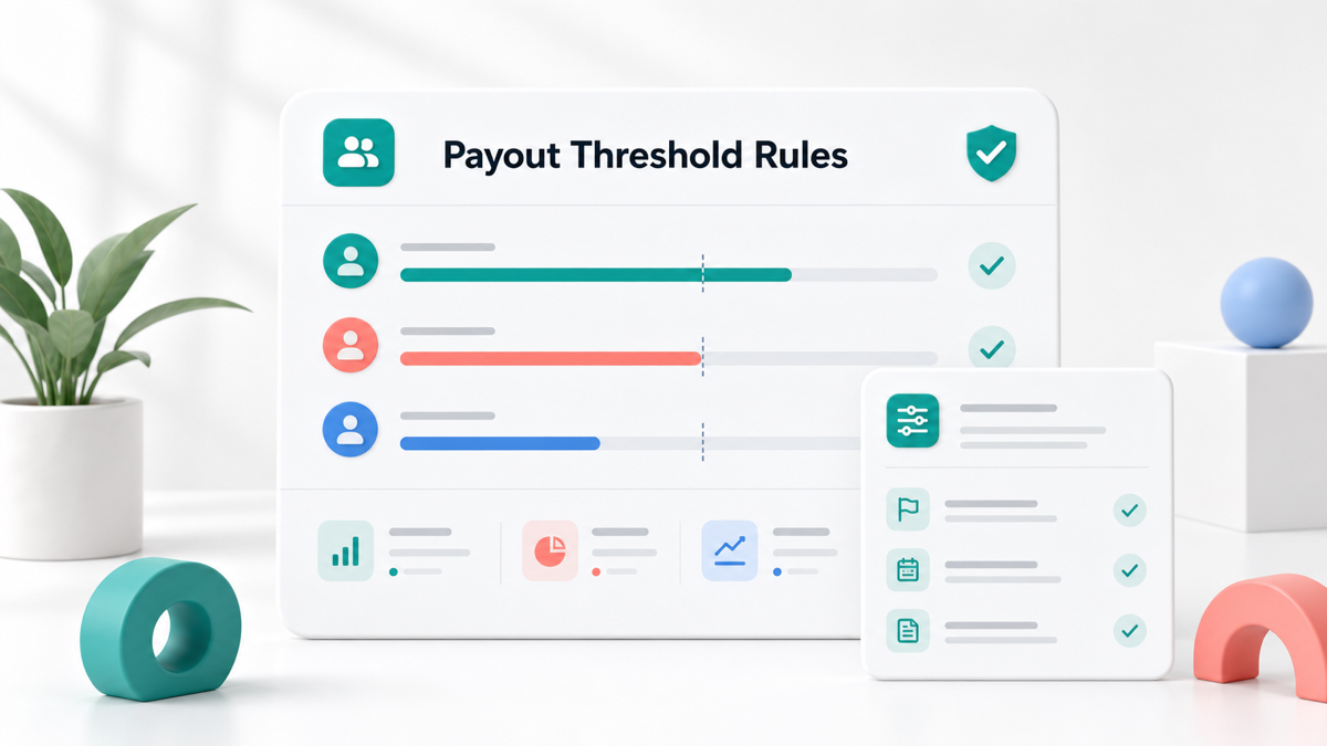 Affiliate payout threshold examples for SaaS partner programs shown as a clean payout rules dashboard