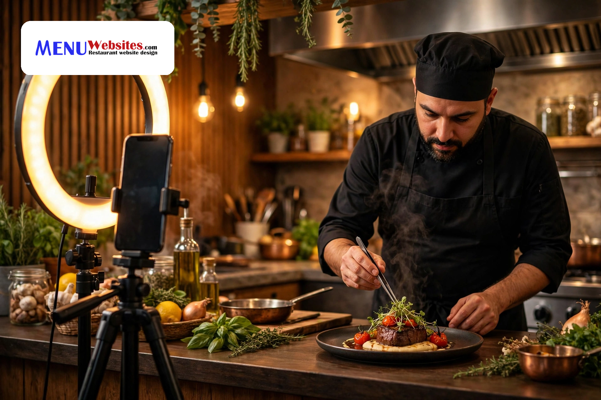 Smartphone on a tripod filming a chef plating a steaming dish in a warm restaurant kitchen