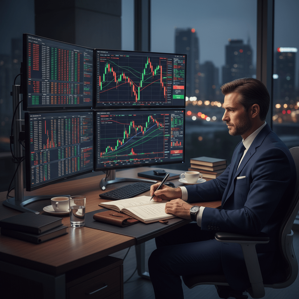 A calm and focused trader planning their strategy