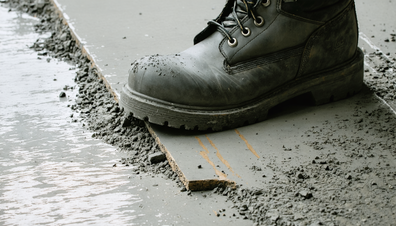 A worker's rubber boot resting against the wooden edge of a freshly poured concrete form on a construction site, morning light raking across the wet concrete.