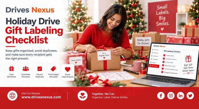 Drives Nexus helps nonprofits organize holiday gift labeling with an efficient approach to tracking gifts, coordinating volunteers, preventing duplicate donations, and ensuring every gift reaches the right recipient. Simplify your holiday donation drive with better organization and create a smoother, more meaningful giving experience for your community.
