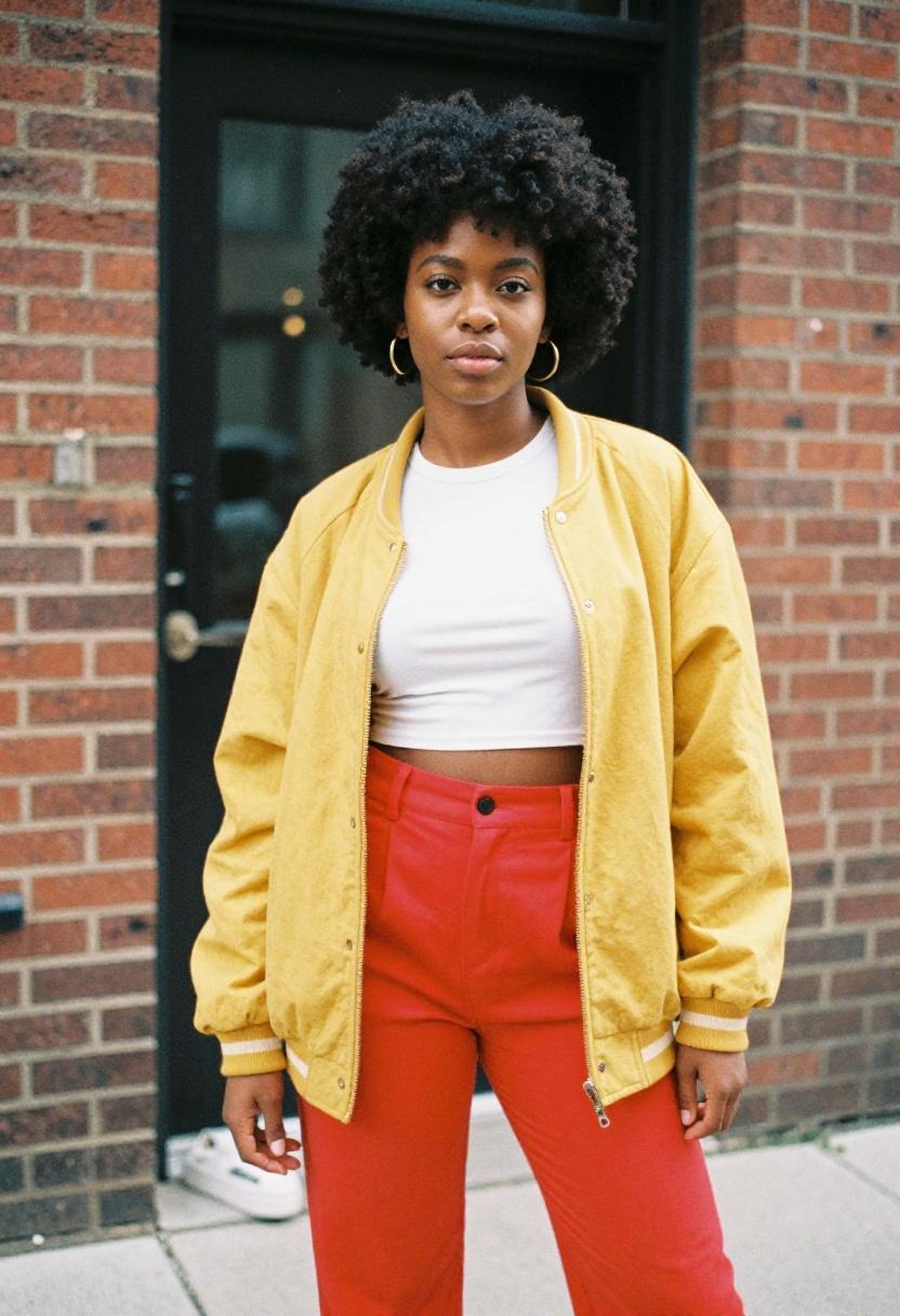 Woman wearing mustard varsity jacket over scarlet wide-leg trousers for bold spring stadium dressing