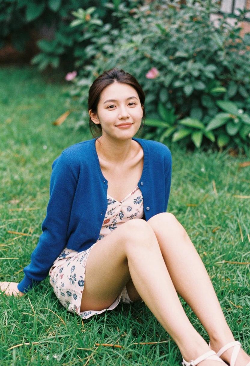 Plus-size woman in cobalt blue cropped cardigan over blush floral slip dress for a romantic garden picnic look