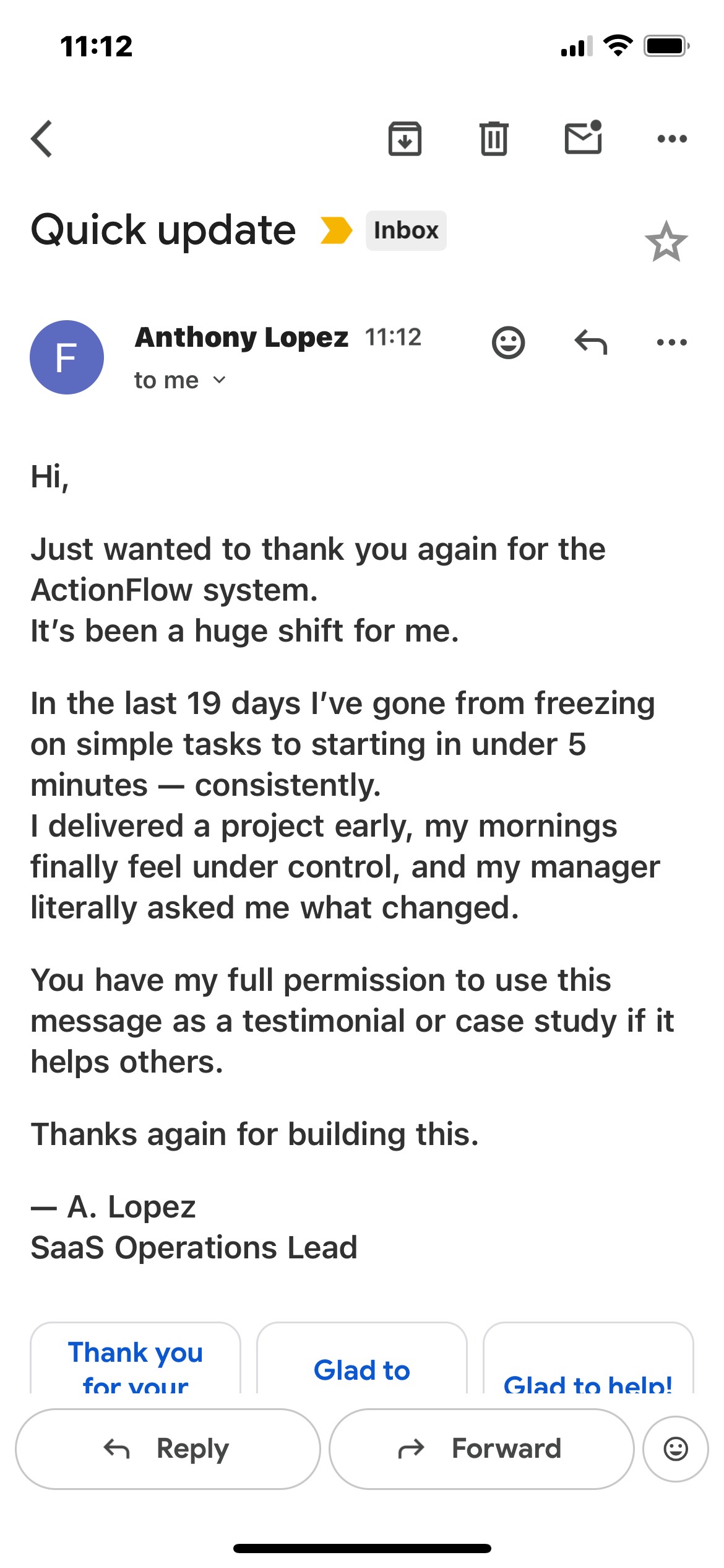 User email testimonial