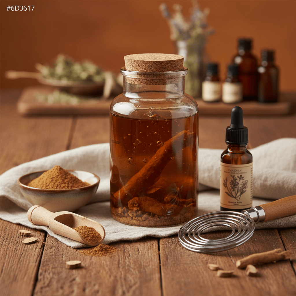 Ashwagandha extract and oil setup: close-up of ashwagandha root powder, oil infusion jar, and scalp massage tools on a wooden table, clean wellness aesthetic