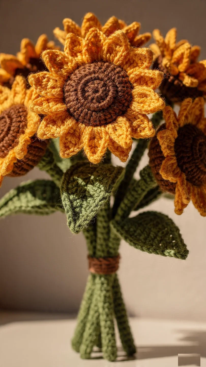 Handmade crochet flower wreath featuring golden yellow sunflower blooms