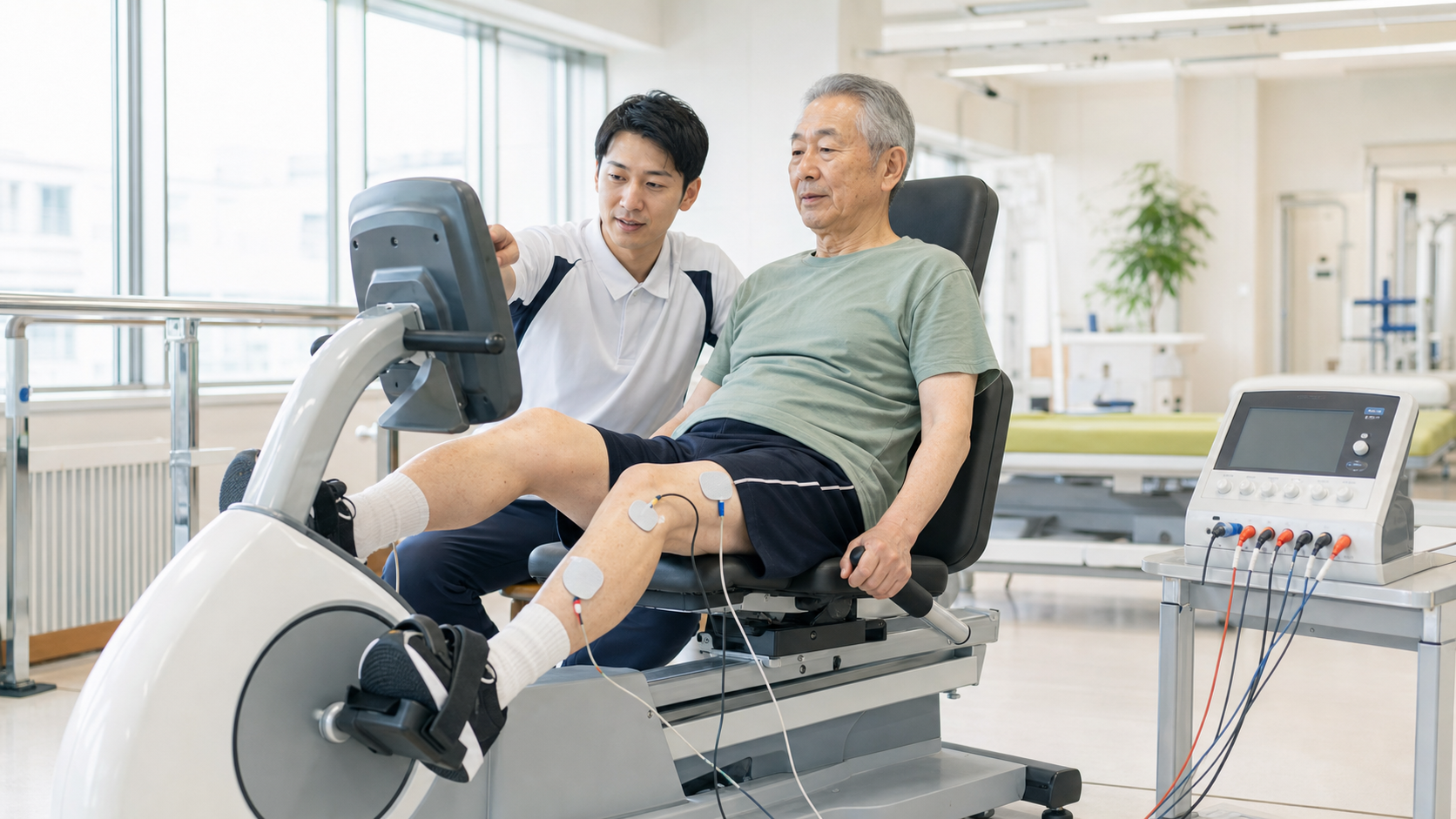 脳卒中後の方が専門職の見守りのもと、下肢に電極を装着してリカンベント型のFESサイクリングを行う様子