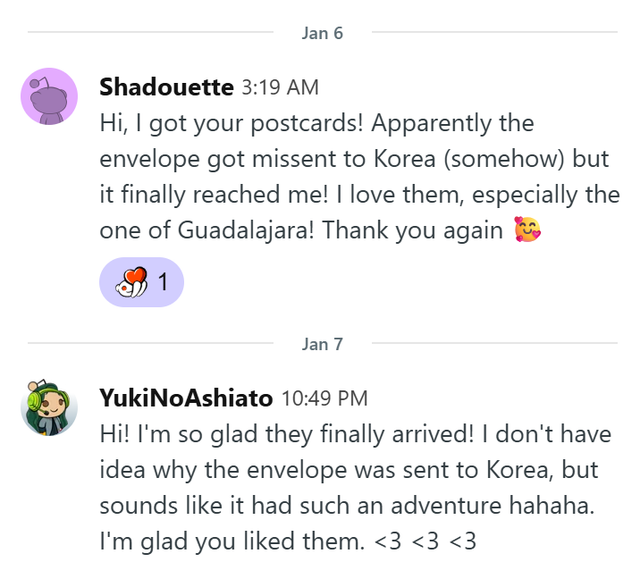 2 postcards sent (Nov, 25)
1 as a thank you exchange (https://www.reddit.com/r/RandomActsofCards/comments/1o0yz4i/comment/nicxuwq/?utm_source=share&utm_medium=web3x&utm_name=web3xcss&utm_term=1&utm_content=share_button), another one as part of the Art Destash offer (https://www.reddit.com/r/RandomActsofCards/comments/1oc52qa/comment/nkmyiqa/?utm_source=share&utm_medium=web3x&utm_name=web3xcss&utm_term=1&utm_content=share_button)