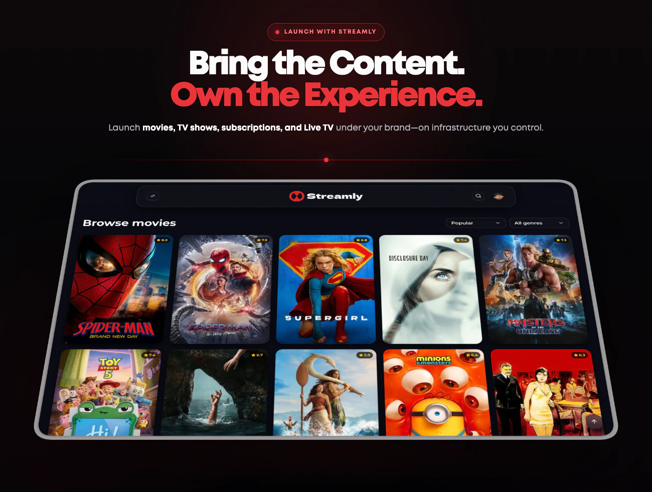 Launch a branded OTT streaming platform with movies, TV shows, subscriptions, and Live TV using Streamly