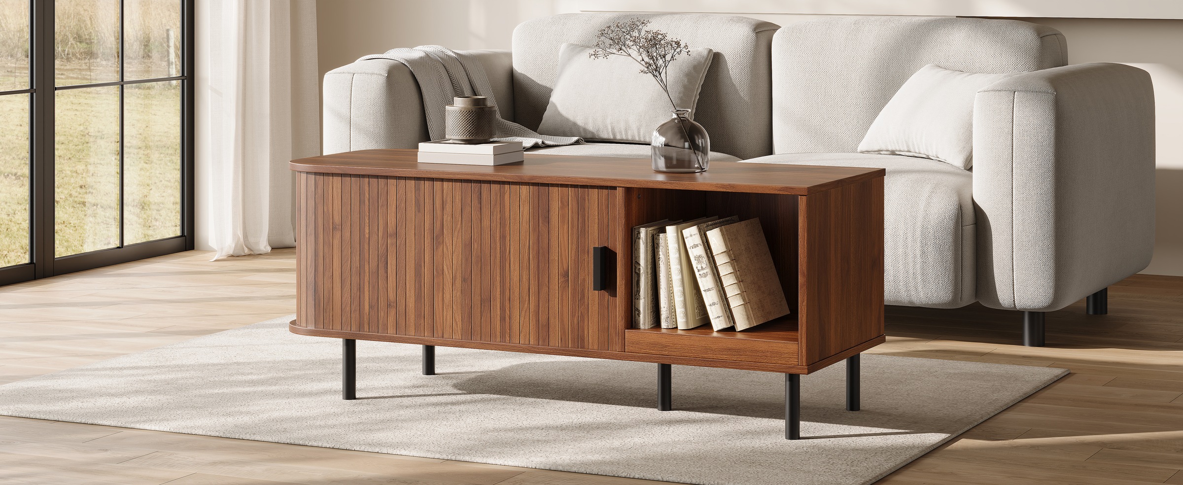 Table Basse Noyer, Rangement, Portes Coulissantes, Design Moderne, Angles Arrondis, Structure Robuste - 110x40x55cm - Salon 1