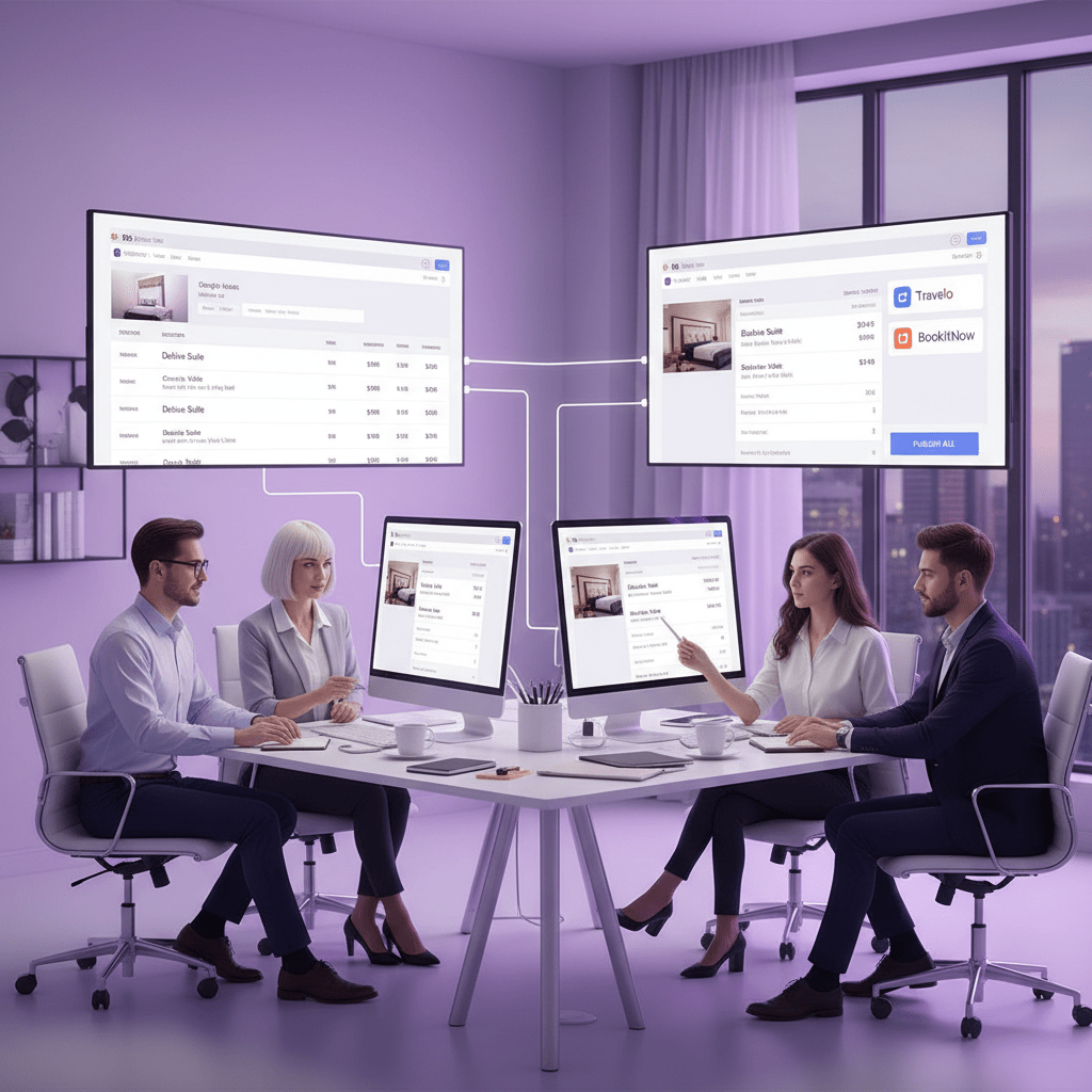 A hotel marketing team synchronizing room names, amenities, and rates across website, Google Hotel Search, and OTA screens