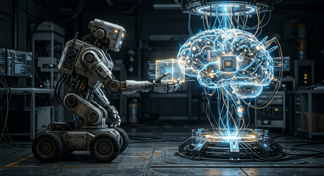 A simple robot handing a task to an AI brain