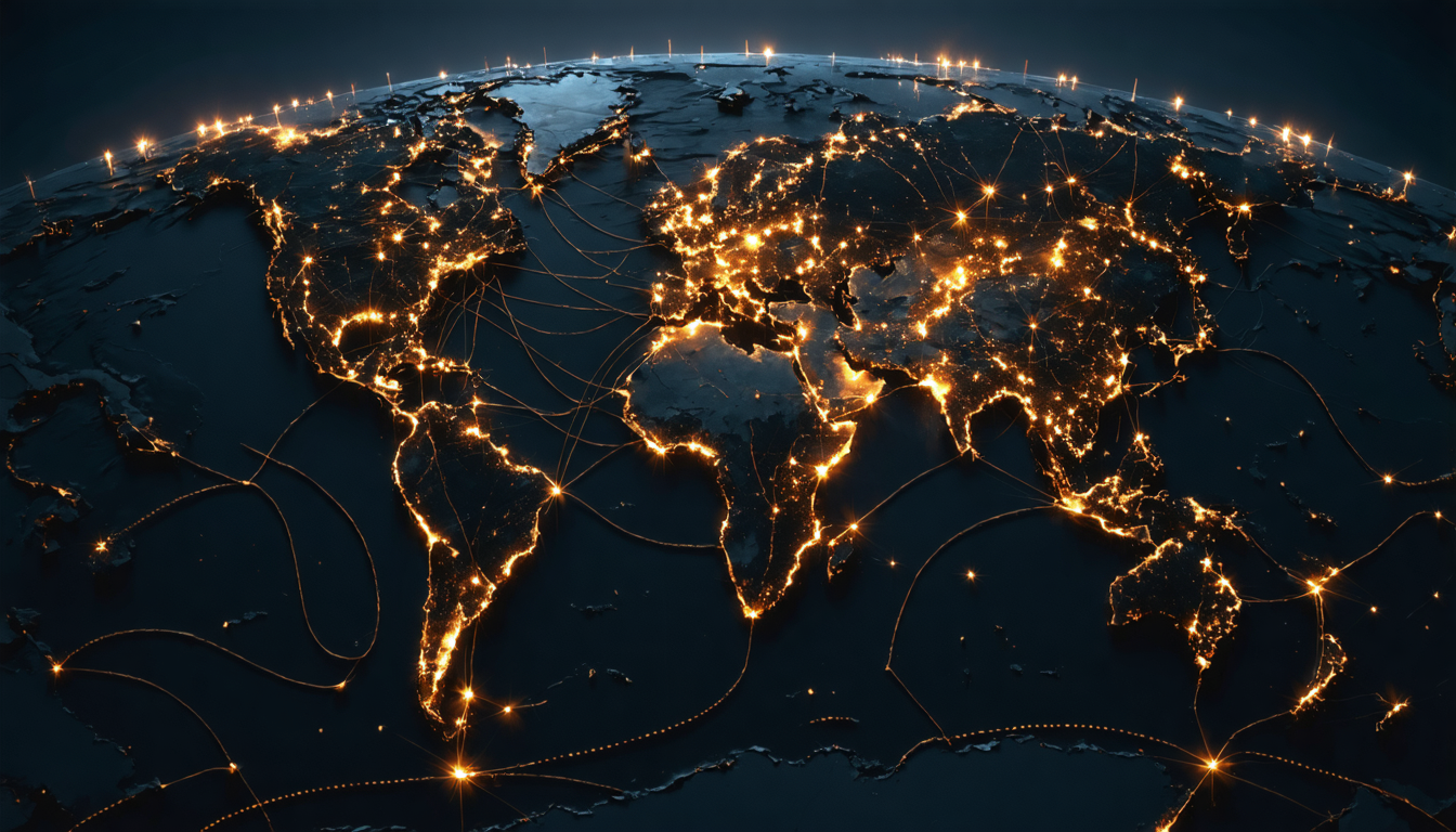 A vast railway network branching across a dark continental map, thin luminous lines crossing and enclosing wide interior territory far from any coast.
