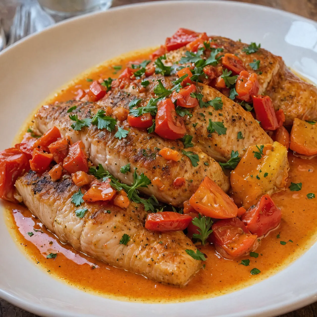 A beautifully plated dish of two tender tilapia fillets resting on a bed of creamy, bright red roasted pepper sauce. The sauce is glossy and rich, with visible chunks of charred red bell peppers and g