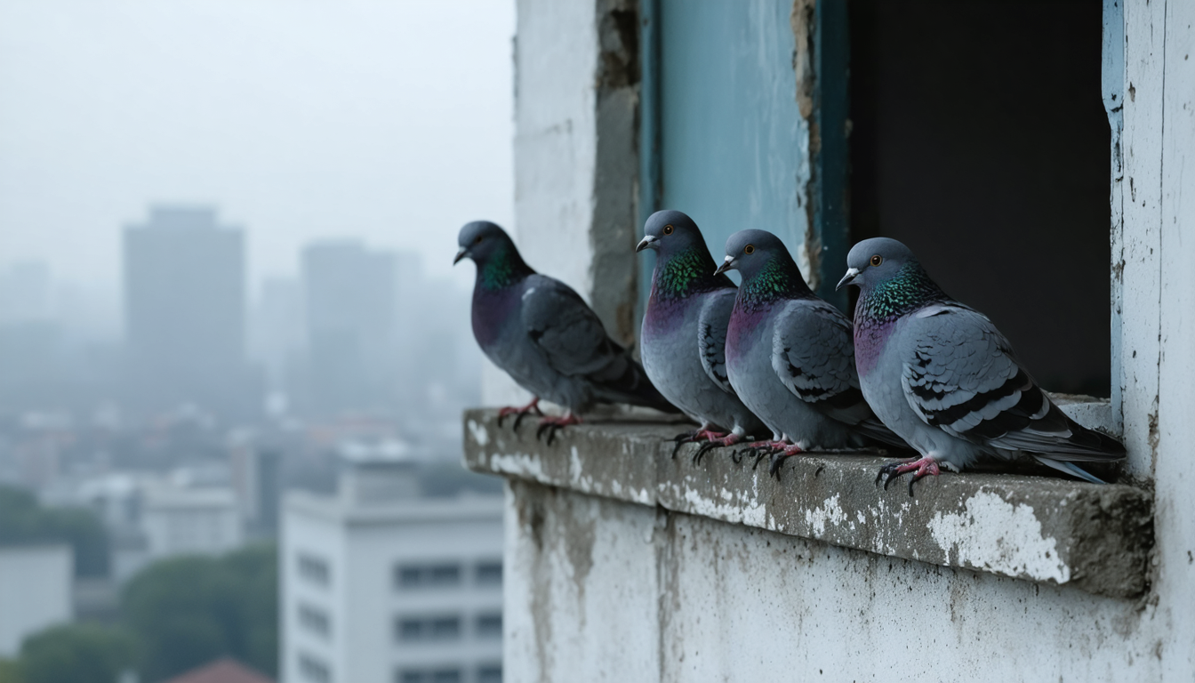 Several pigeons resting on a narrow concrete window ledge high above a hazy grey city.