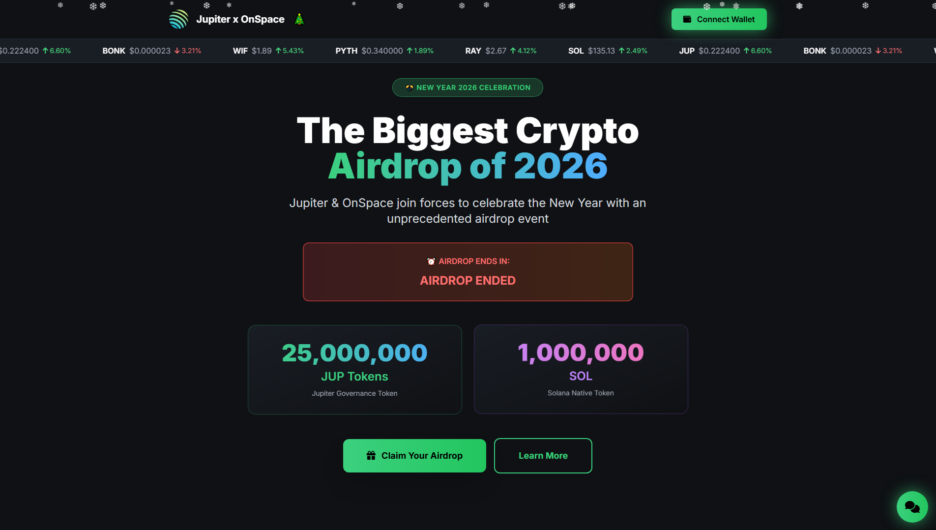 Forensic screenshot of jup-airdrop.onspace.build showing the phishing page layout