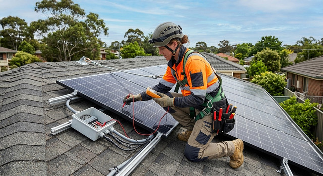 Photovoltaic installer conducting a technical inspection