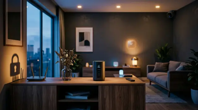 Smart home hub surrounded by connected devices in moody modern living room at dusk