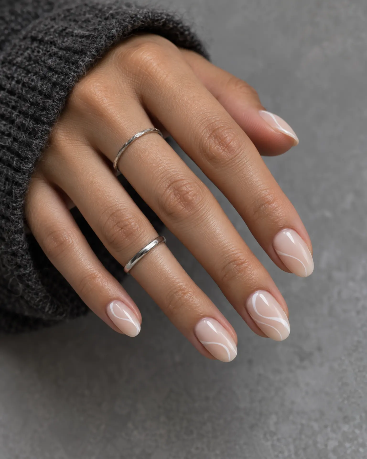 White Fine-Line Swirl manicure inspiration for white nail ideas